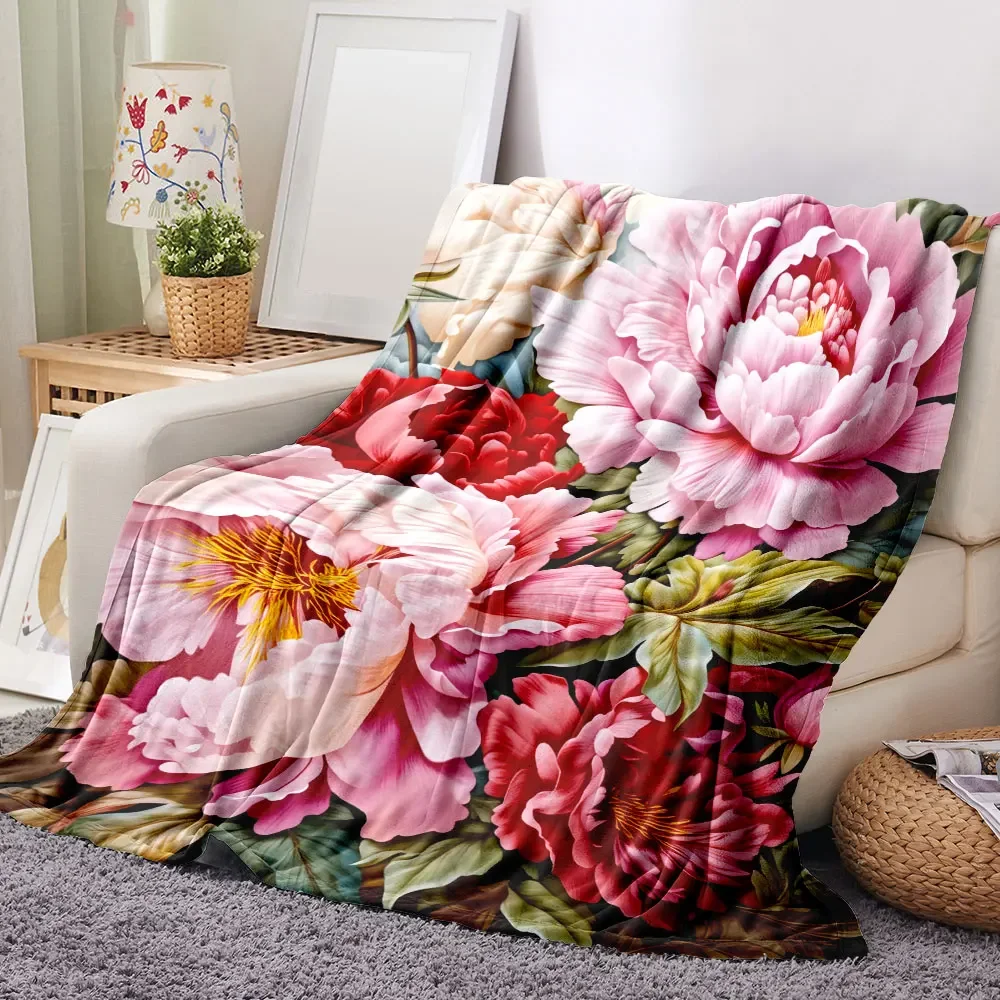 Custom Peony Blush & Red Floral Throw Blanket - Soft, Lush Textured Design With Pink/Red Peonies, Golden-Yellow Stamens, Green L