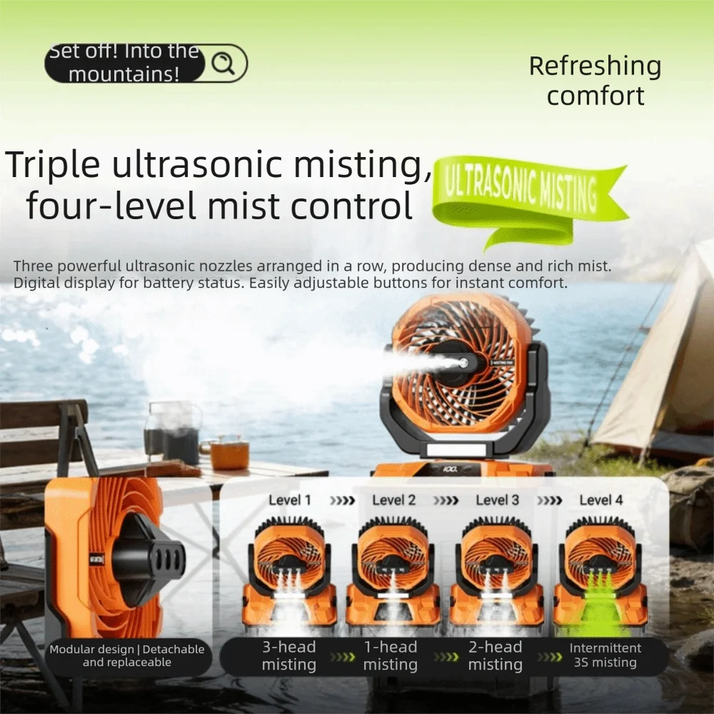 Large Water Tank Spray Camping Fan Remote Control with Scale Sticker Cool Misting Fan Portable LED Lights Outdoor Electric Fan view 2