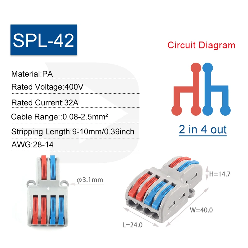Schnellverbinder Universal-Elektrokabel Push-in-Klemmenblock Leiterhebel Crimp SPL 42/62/82 Butt Home Junction Box