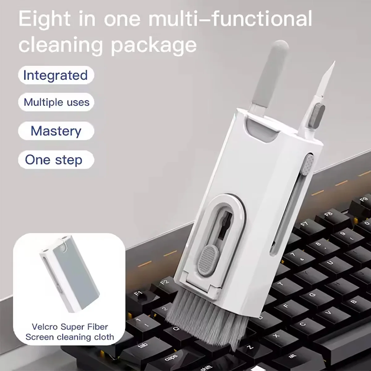 8-in-1 cleaning kit, including keyboard cleaner, AirPods cleaning tool, iPhone cleaning tool, keycap puller, screen brush, and e