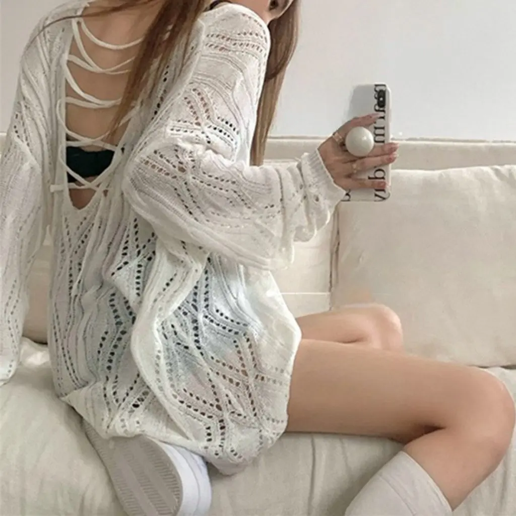 

White Knitted Blouse Women's Spring Sling Outer Wear Backless Top Hollow Design New Lazy Style Niche