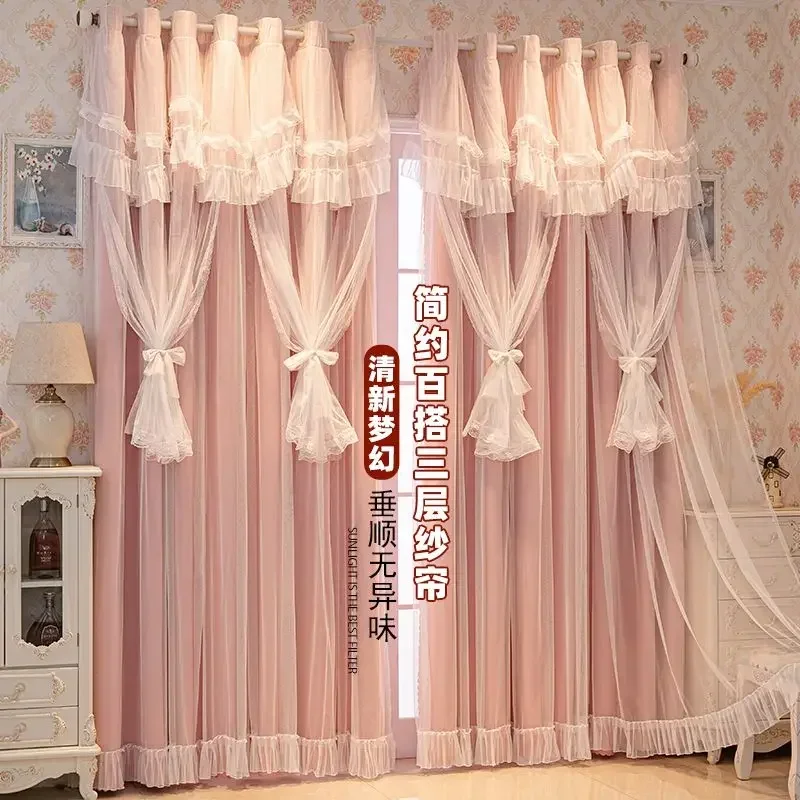 

Корейский стиль, кружевная двухслойная занавеска принцессы, белая кружевная занавеска плюс розовая плотная занавеска для гостиной и спальни