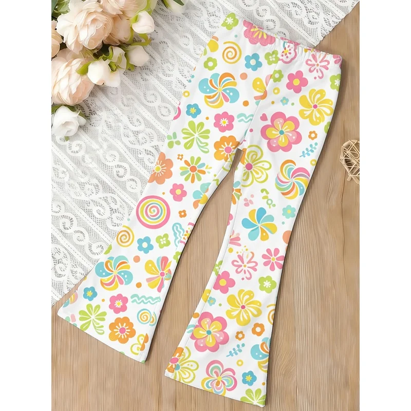 2026 Girls All Over Print Flare Pants Stretchy Bell Bottom Leggings Elastic Waist Pants for Tween Teens Back to School Outfit
