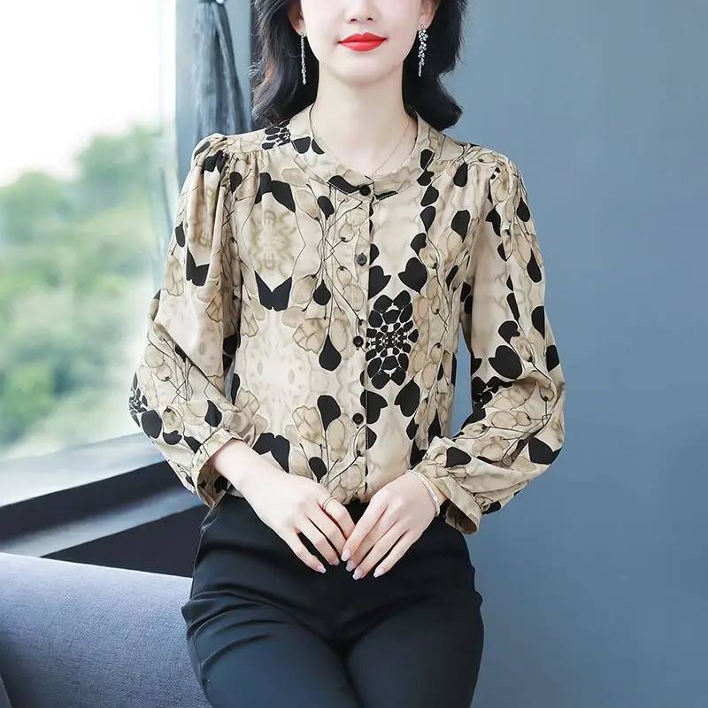 2024 Autumn Women\'s Vintage Fashion Print Button Up Shirt Office Lady Elegant Stand Collar Blouse Casual Long Sleeve Loose Tops