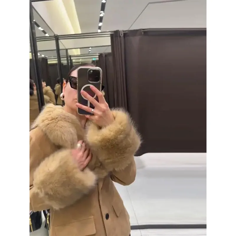 

Куртка-бомбер женская с воротником из искусственного меха, в стиле пэчворк, с длинными рукавами, на пуговицах, с поясом, осенне-зимняя, шикарная верхняя одежда