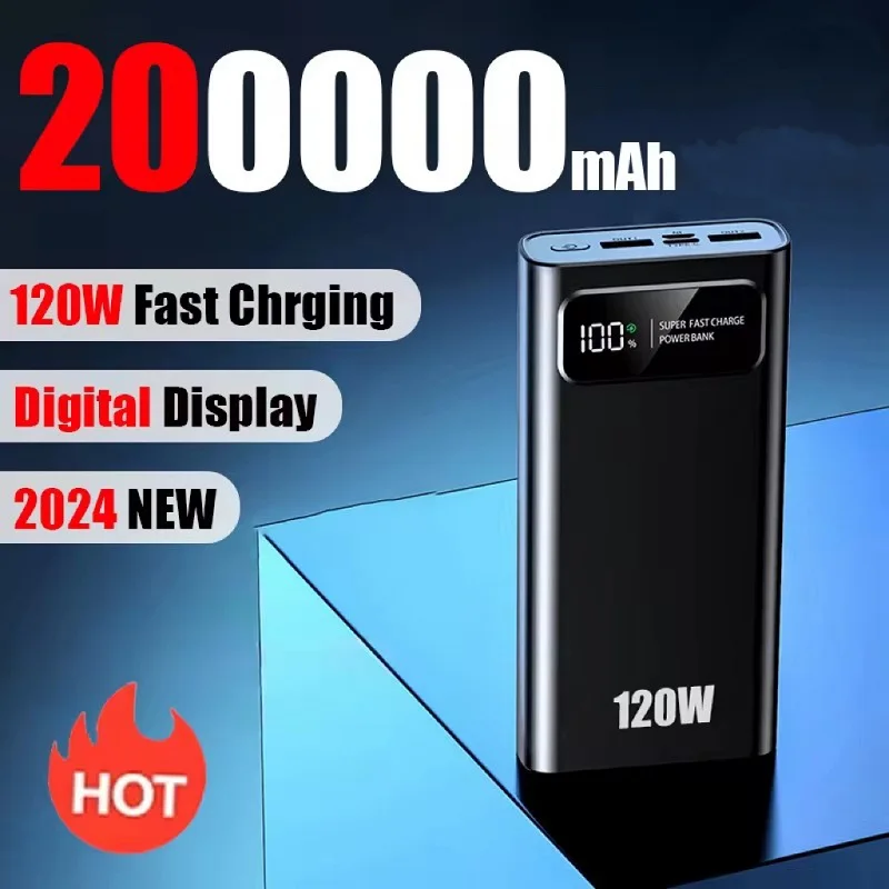 대용량 디지털 디스플레이 보조배터리, 200000mAh 휴대용 보조배터리, 120W 초고속 충전 배터리, 아이폰 삼성 2024