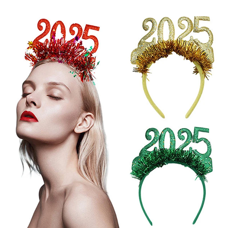 Letter 2025 Happy New Year Headband Glitter Crown Hair Hoop Christmas Headpiece Decorative Photographic Headwear Party Decor