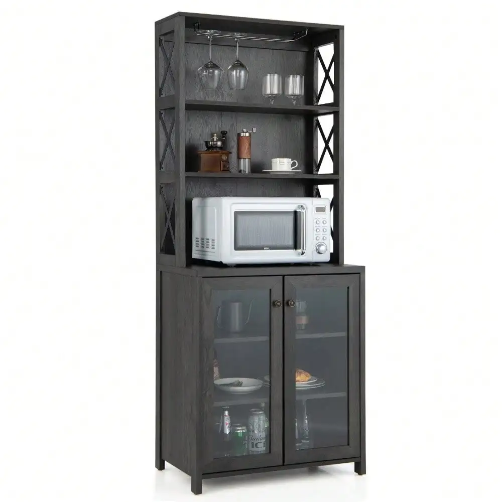 

Tall Freestanding Bar Cabinet Kitchen Buffet w/ Glass Holder & Adjustable Shelf