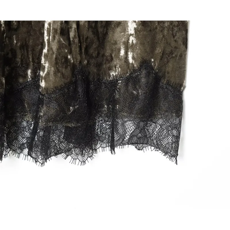 HipSeam النساء الدانتيل المخملية تنورة الخريف عالية الخصر المرأة مطوي تنورة سيدة عادية الجانب البريدي التنانير التنانير النسائية