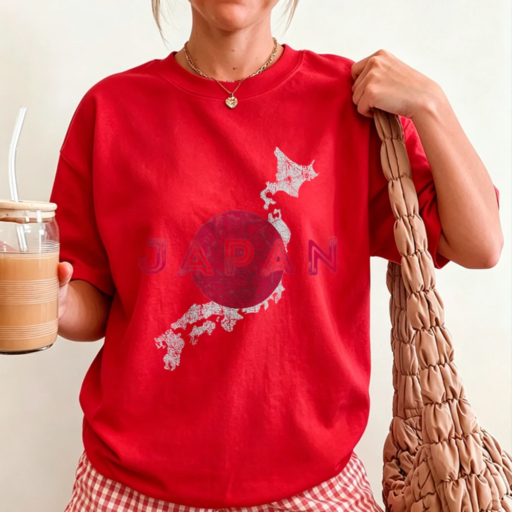 Distressed Japan Map with Red Sun Flag Texture Print Men Women Cotton T Shirt Japanese Patriotic Pride Travel Souvenir Tees Top