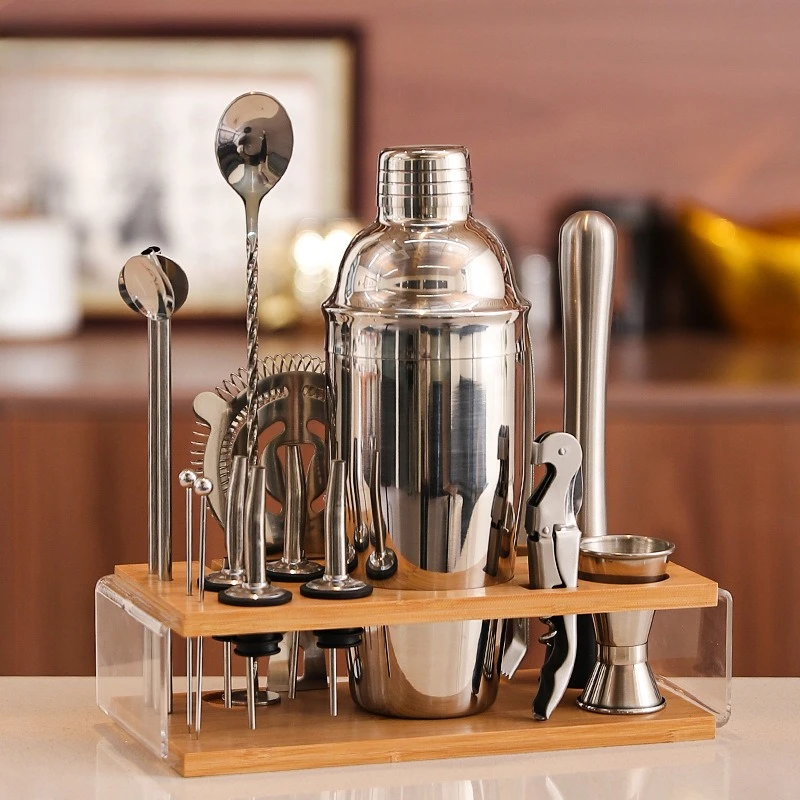 Shake Cup Stainless Steel Bartender Set Wooden Stand Stainless Steel Bartender Bartender Tool Set