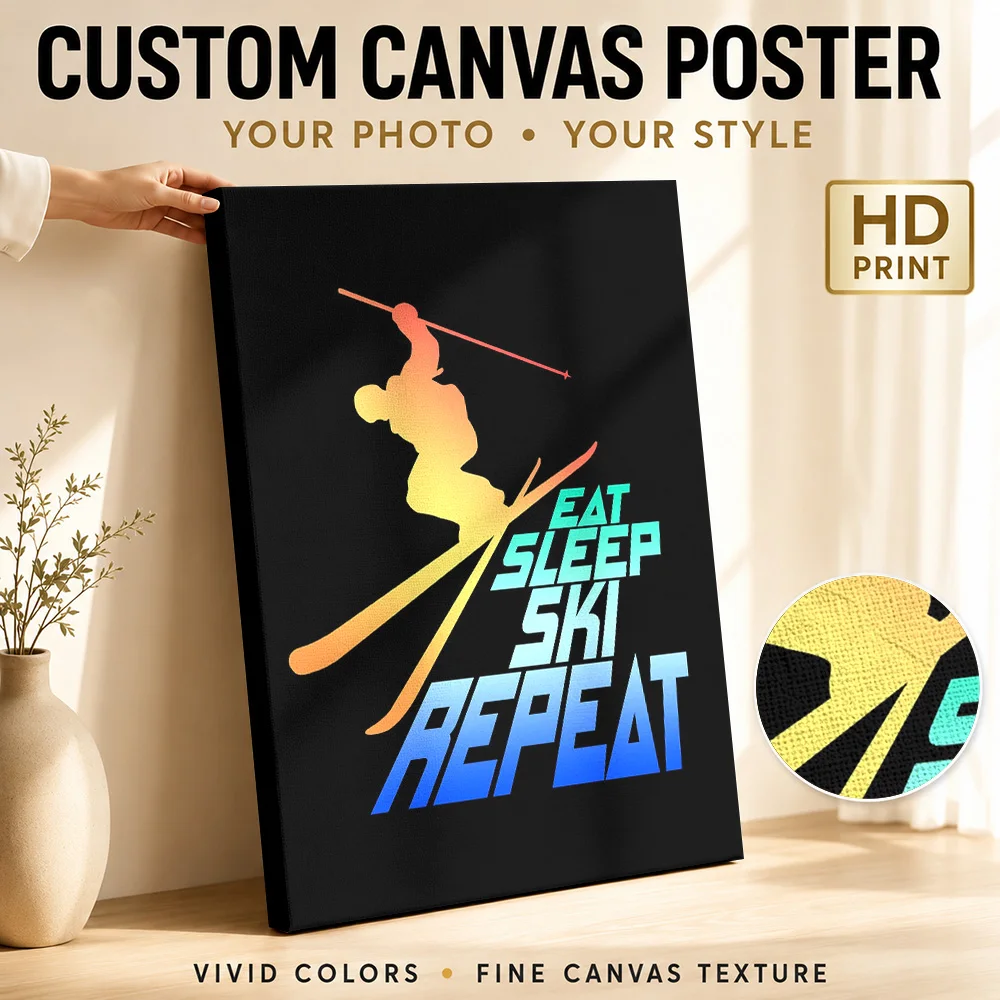 Skiing Eat Sleep Ski Repeat Framed Canvas Print Poster Personalized Photo Sports Portrait Wall Paintings Decoration for Office