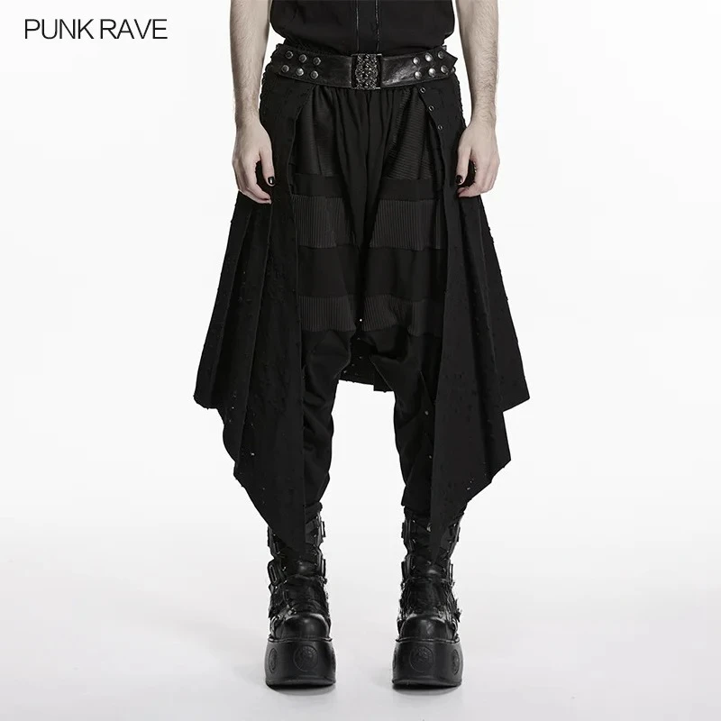 PUNK RAVE Men's Punk Vintage Perforated Denim Plaid Skirt Mottled Decadent Texture Asymmetric Swallowtail Personality Streetwear