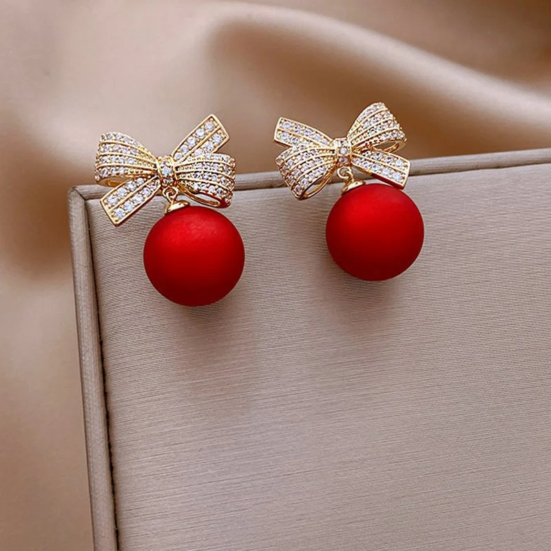 Elegant Pearl BowKnot Stud Earrings For Women Girl Christmas Jewelry Sweet Heart Ball Crystal Drop Earrings Xmas Party Gift