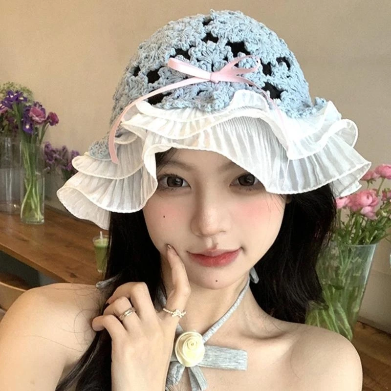 Knitted Bucket Hat for Woman Beach Getaways Hand Weaving Pleated Trim Bucket Hat Adult Spring Summer Fisherman Hat
