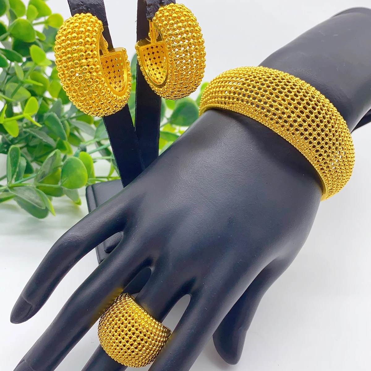 

New Ethiopian Cuff Bracelet Ring Earrings Jewelry Set Gold Plated For Women Dubai Indian Wedding Charm Hoop Earring Bangles Set