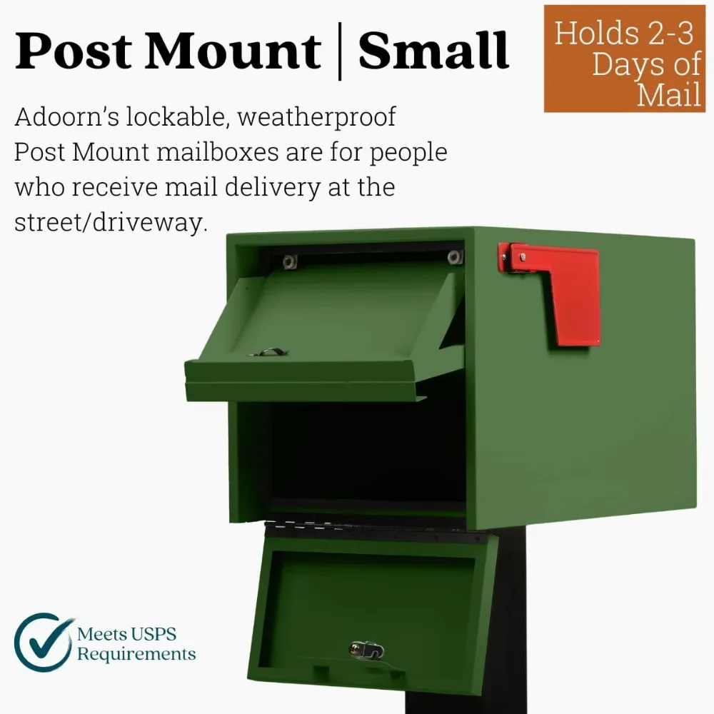 Post Mount Mailbox | Green, Small 12 x 12 x 18.5 (HxWxD) Anti-Theft Locking Mailbox with 2 Keys, Modern Mailbox with Flag