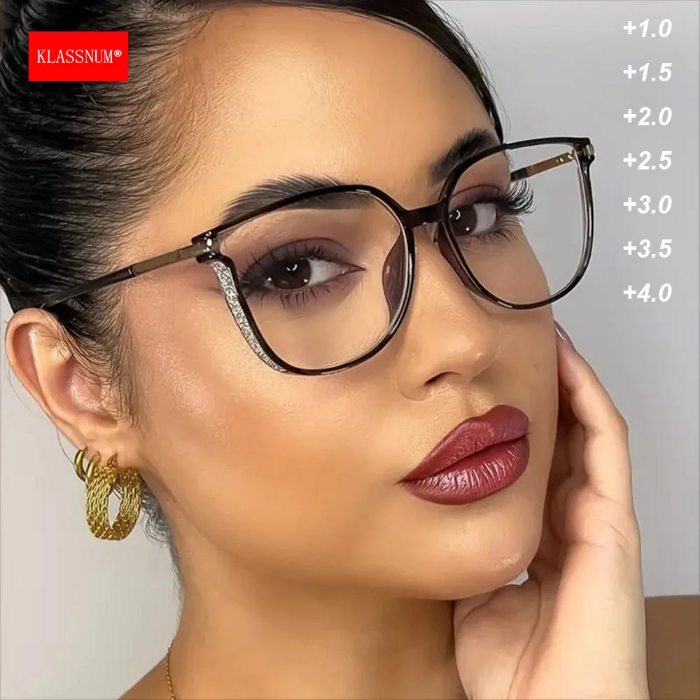 KLASSNUM Women Trendy Large Reading Glasses With Glitter Frame  Magnifing Transparent Glasses Plus Eyewear +1.0+1.5+2.0+2.5+3.0