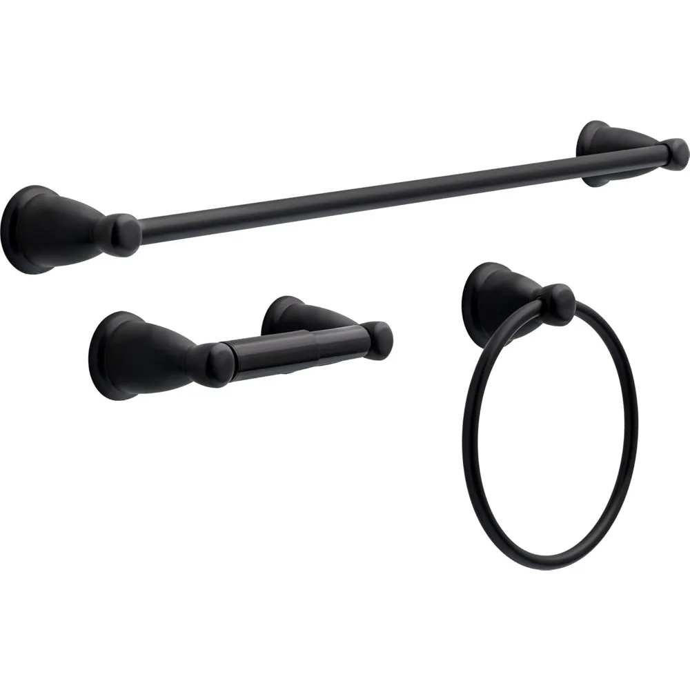 

3-Piece Matte Black Bathroom Set: 24" Towel Bar, Toilet Paper Holder & Ring - Durable Modern Hardware