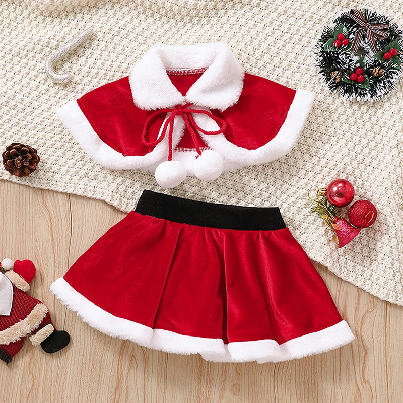 

Girls Christmas Outfits Lapel Plush Ball Tie-Up Shawl Tops Elastic Waist Skirt Set with Contrast Color Splicing