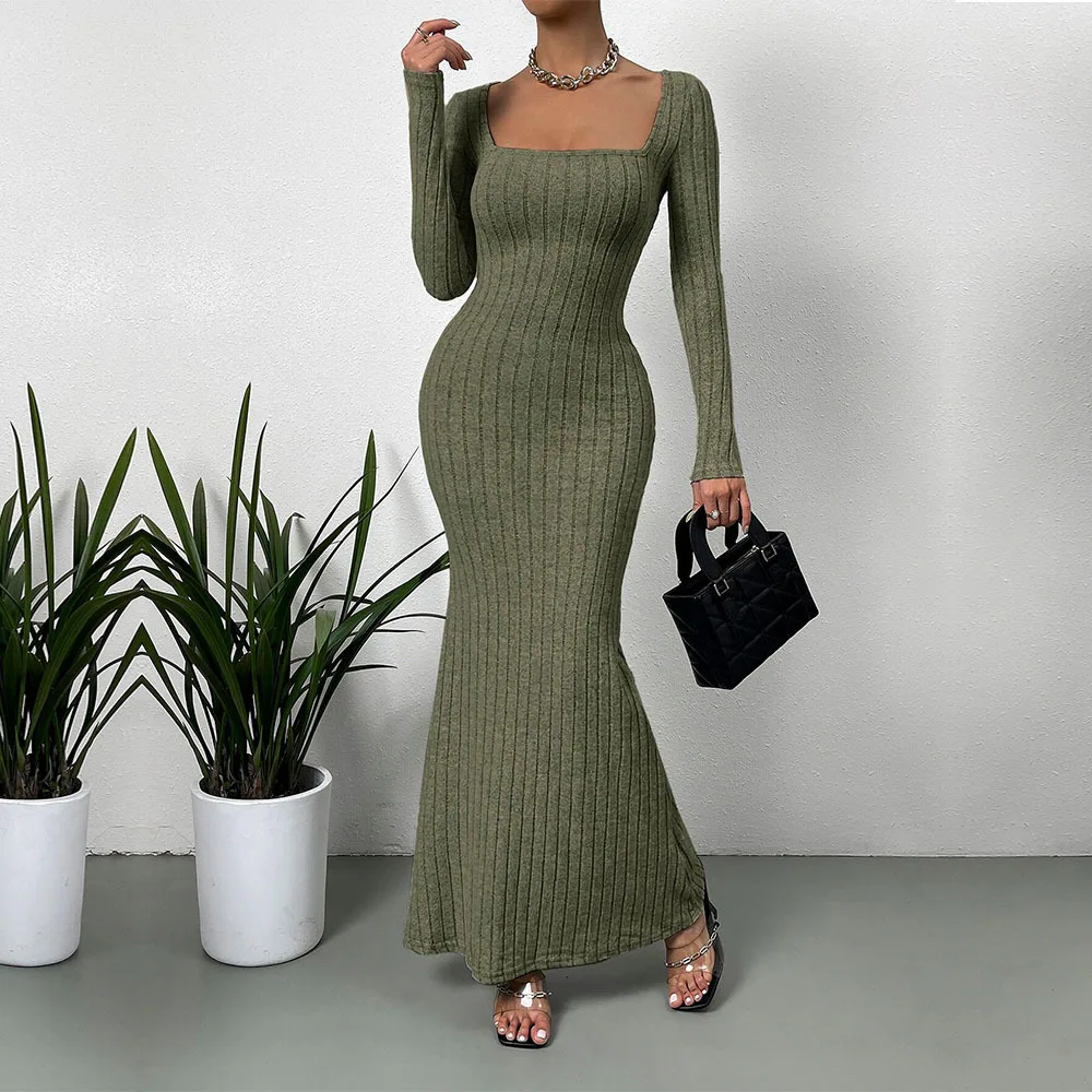 Women Elegant Square Neck Dress Summer Spring Slim Fit Floor Length Bodycon Maxi Dress Vacation Style