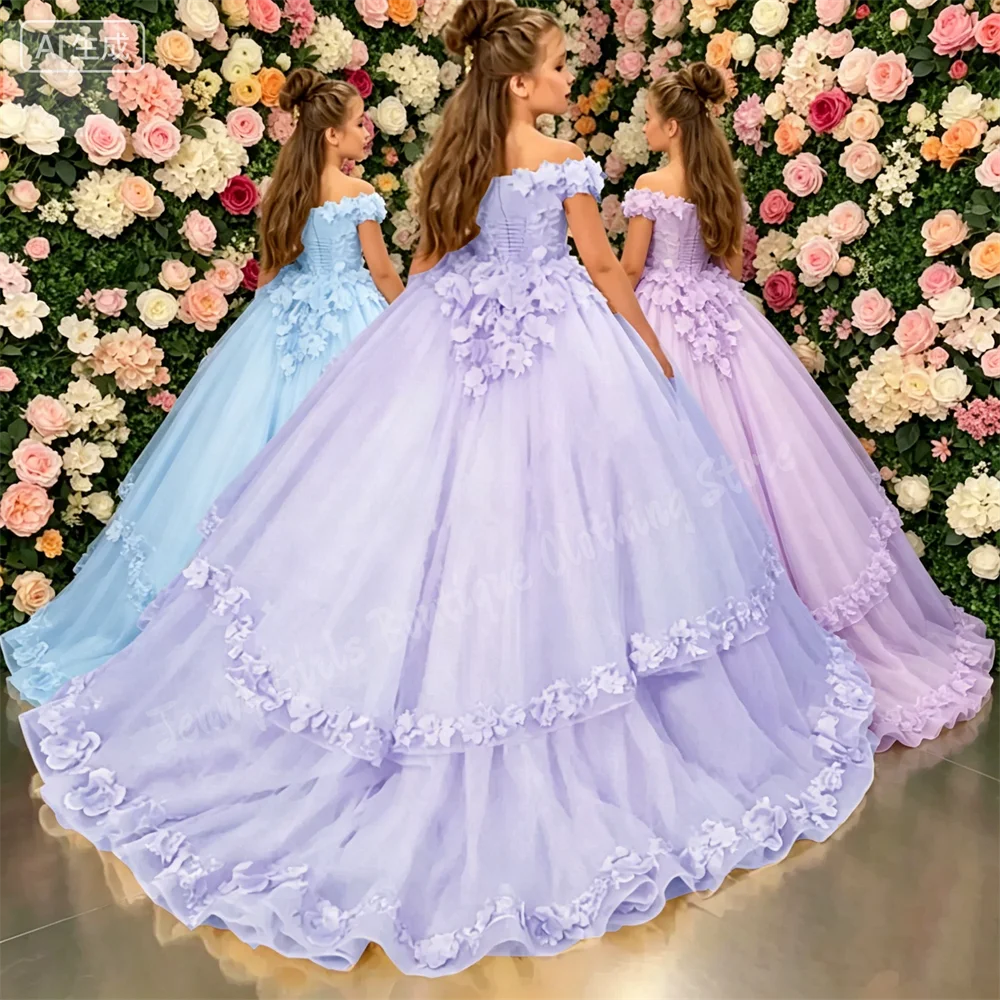 Wunderschöne schulterfreie, flauschige Blumenmädchenkleider im Prinzessin-Stil für Hochzeiten, mit Applikationen, für Festzüge, Geburtstage und Erstkommunion