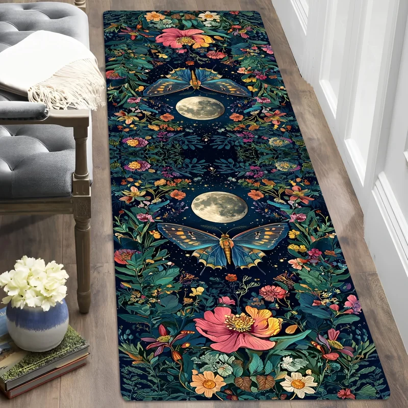 VIKAMA Witchy Moon Moth Floral Runner Rug Dark Botanical Butterfly Long Anti Slip Floor Mat For Bedroom Hallway Cottagecore Deco