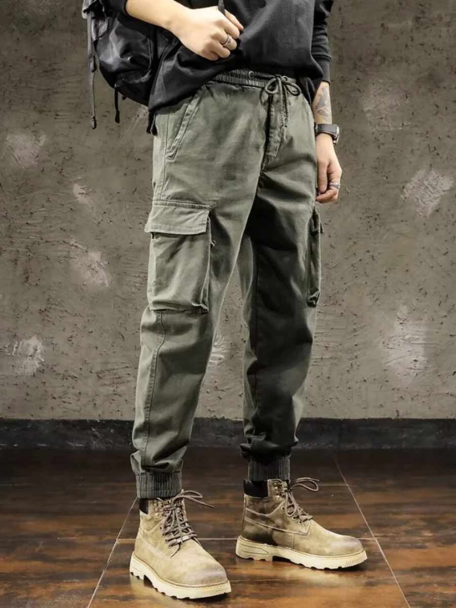 Loose Fit Workwear Trousers for Men Casual Cargo Pants with Cuffs for Construction Site Men Summer Thin Cotton Military Green