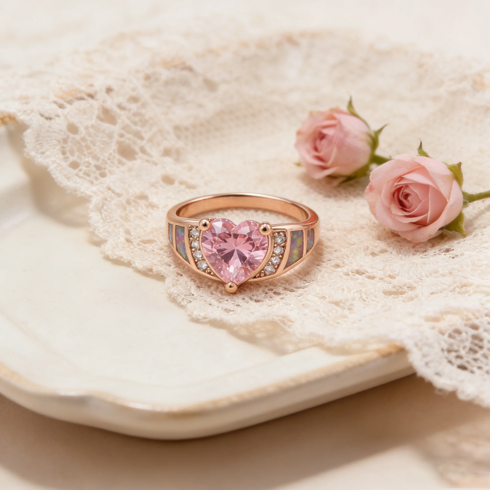 Vintage Pink Opal Zircon Halo Ring Rose Color Bridal Engagement Wedding Jewelry with Opal Cubic Zirconia,Romantic Proposal Gift