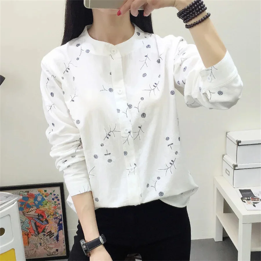 

Embroidery Women Spring Summer Style Cotton and Linecn Blouses Shirts Lady Casual Stand Collor Long Sleeve Blusas Tops