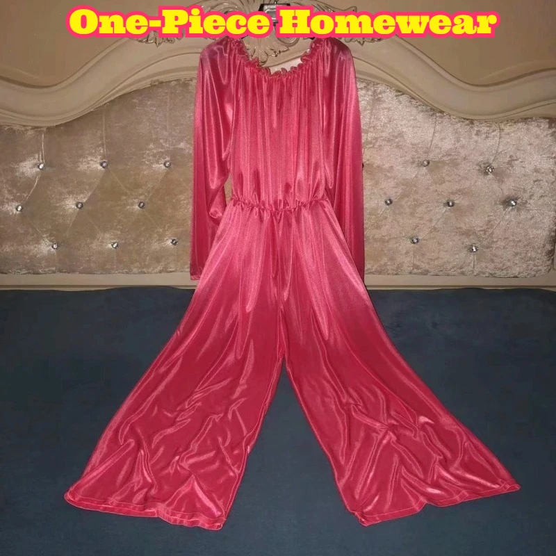 

Women Double Sided Ice Silk Jumpsuit Smooth Stretchy Elastic Waistband Loose Integrated Casual Sleepwear Comfortable Loungewear
