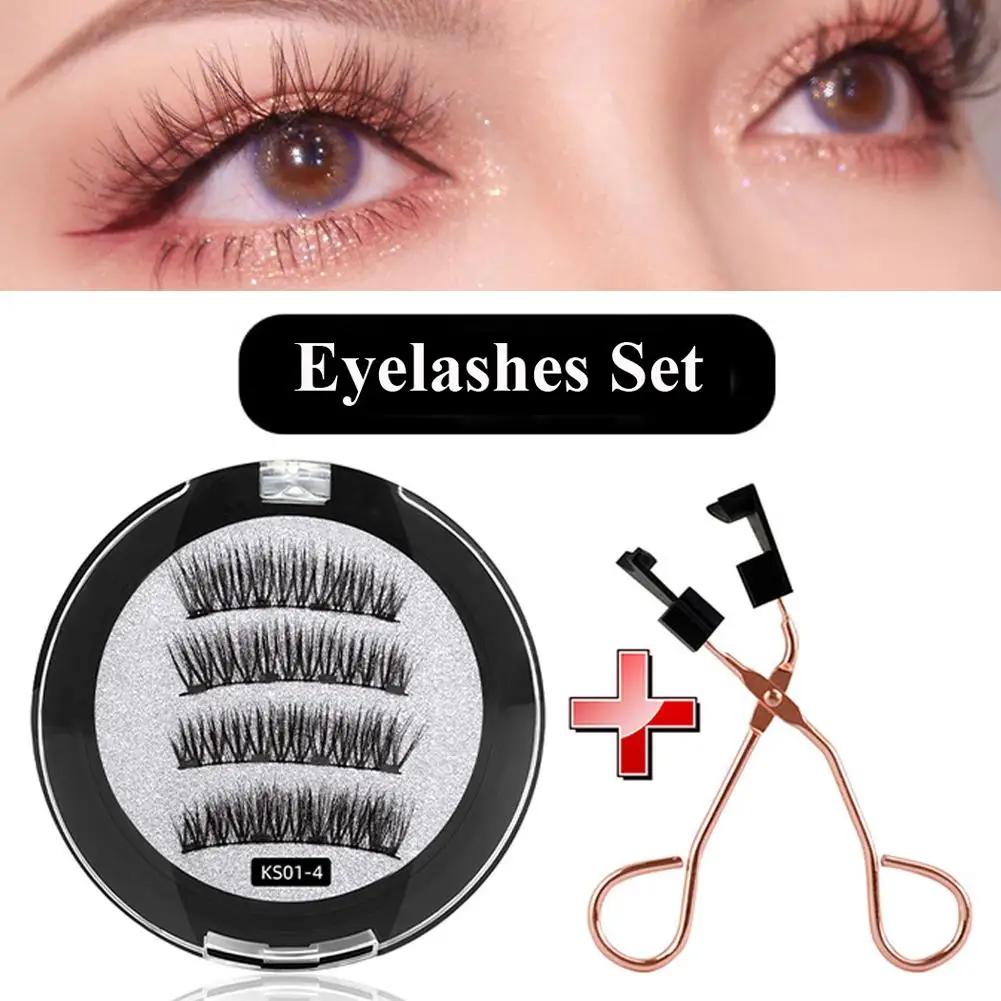 Reusable Magnetic False Eyelashes With Eyelash Curler Makeup Tools Extension Fake 3D Self-adhesive Magnets Eyelash Eye 4 T8F4