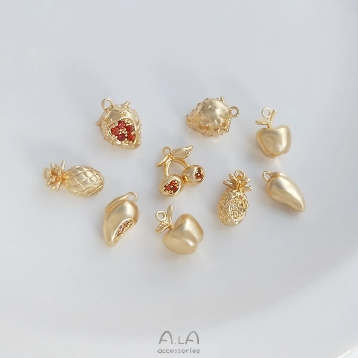 Brass Polished 14K Gold Plated Color Zircon 3D Mango Strawberry Cherry Charms DIY Bracelet Pendant Findings 2Pcs