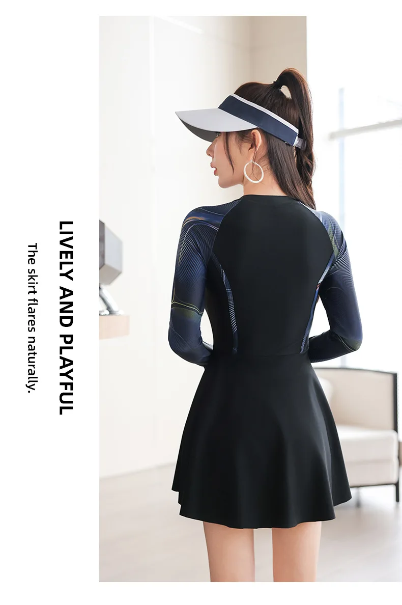 Women's Plus Size Long Sleeve Swimsuit Dress -  Zipper Front UV Protection Printed Bathing Suit Hot Spring Resort Swimwear