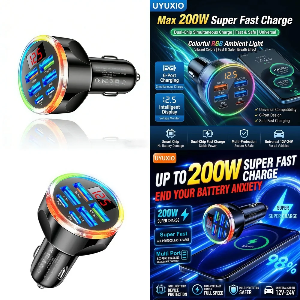 PD Type C Multi Car Charger Hub Trending for iPhone 18 17 16 Samsung S26 S25 S24 with Smart LED Voltage Display RGB Multi Hub