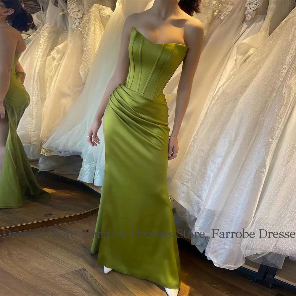 심플한 여성용 이브닝 드레스, 새틴 시스/칼럼 파티 원피스, 그린 스트랩리스 플리츠, 발렌타인 데이 원피스 롱 2025