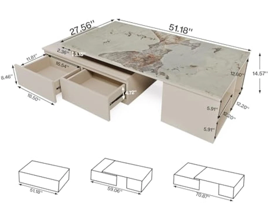 Extendable Tabletop Coffee Table Storage Shelf, Modern from 51-Inch to 71-Inch Center Table for Living Room, Faux Marble Veneer