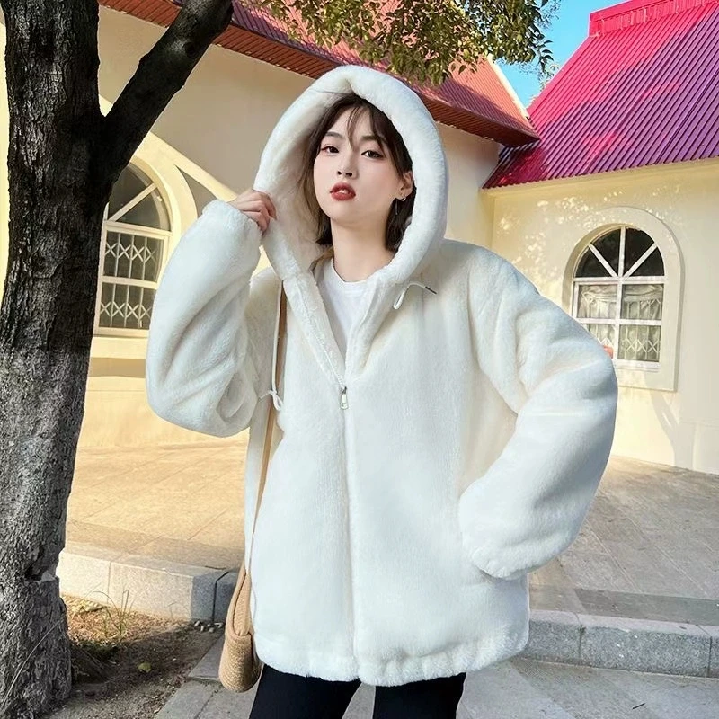 2026 New Women's Faux Rabbit Fur Coat medium long lamb wool Jacket Winter Warm Hooded Top Oversized Fleece Chic Casual Outerwear