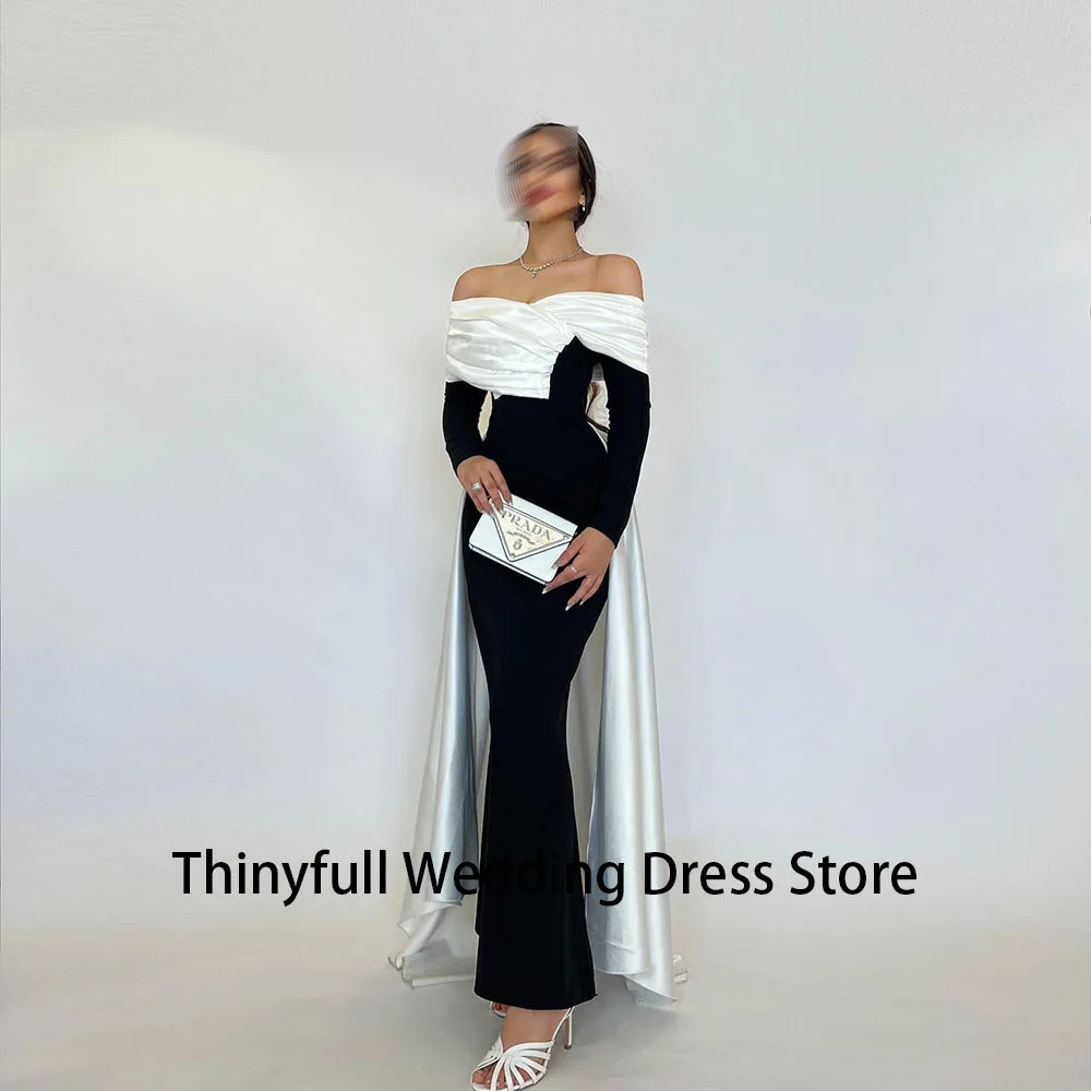 Thinyfull Black White Simple Mermaid Evening Dresses Off Shoulder Stain Party Dress Long Sleeves Duabai Formal Gown Customized