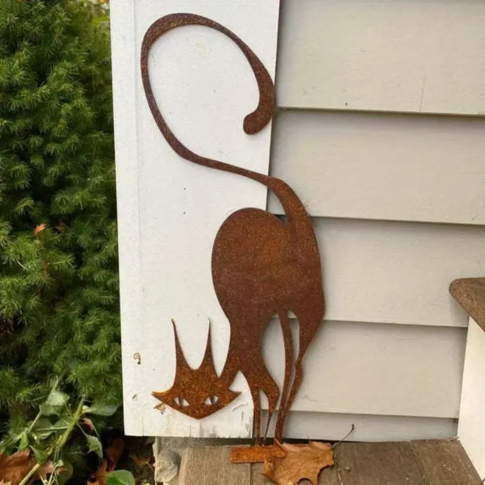 Rusty Wrought Iron Cat Halloween Fence Ornament - Garden Party Decor