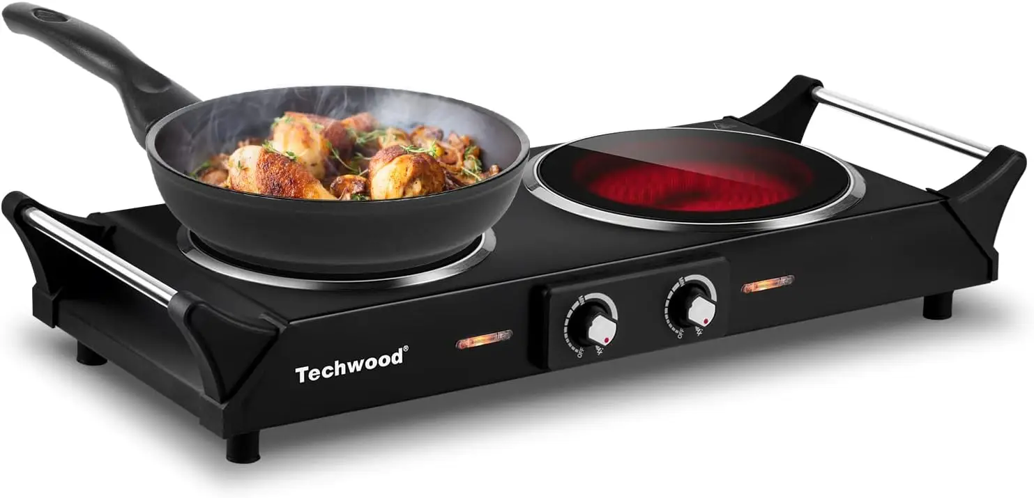 Plate, Techwood 1800W Double Infrared Ceramic Electric Stove for Cooking, Dual Control Cooktop Burners, Portable Anti-scald