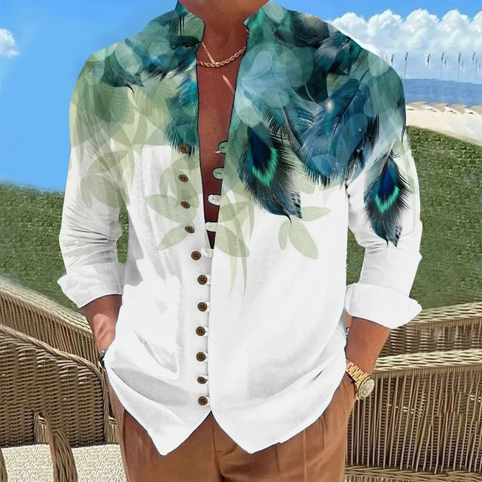 Mens Holiday Leisure Loose Button Stand Printed Shirt Long Sleeve Top Elegant Classic Fit New Men'S Shirt roupas masculinas
