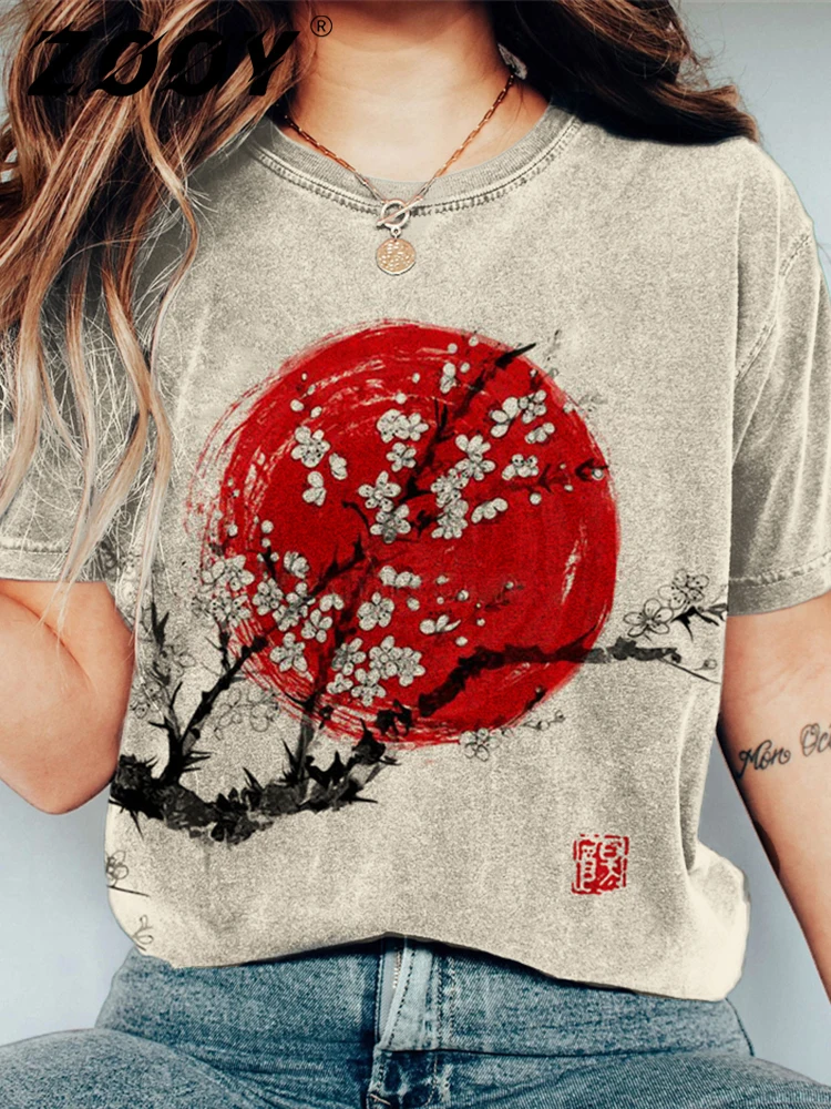 Camiseta Feminina de Manga Curta com Gola Redonda, Tamanhos Grandes, Moda Verão, Retro, Arte Japonesa, Flor, Tigre, Estampa Sapo, Top Casual, XXS-6XL