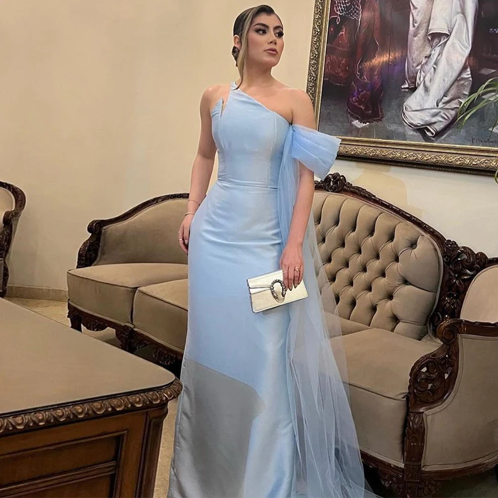 

Formal 2025 Evening Gowns for Women Satin Sheath/Column Celebrity Dress Light Blue One-shoulder Pleat Draped Prom Dress Long