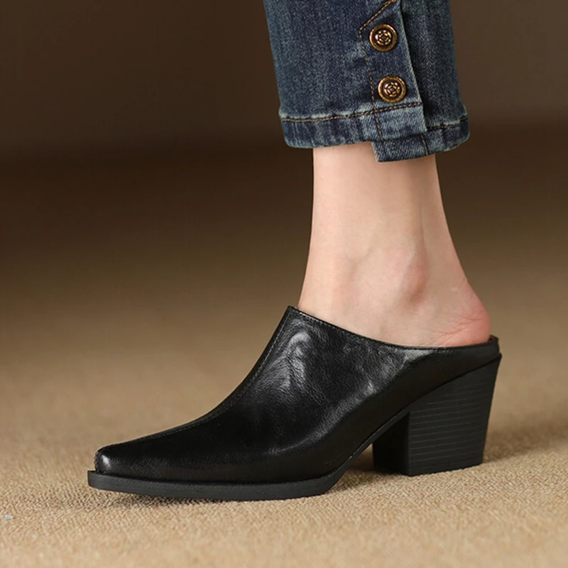 NEW Summer Women Mules Split Leather Shoes for Women Cover Toe Chunky Heel Slippers Concise Pointed Toe Black Women Sandals