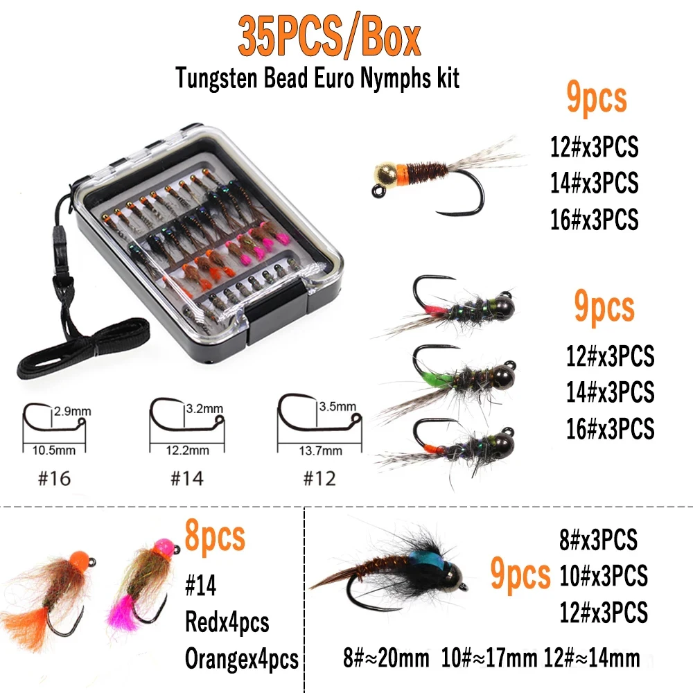 WIFREO 35pcs/Set 8-#16 Barbless Fishing Jig Hook Fly Tungsten Bead Head Euro Nymphs Kit Fast Sinking Trout Fishing Lure Baits