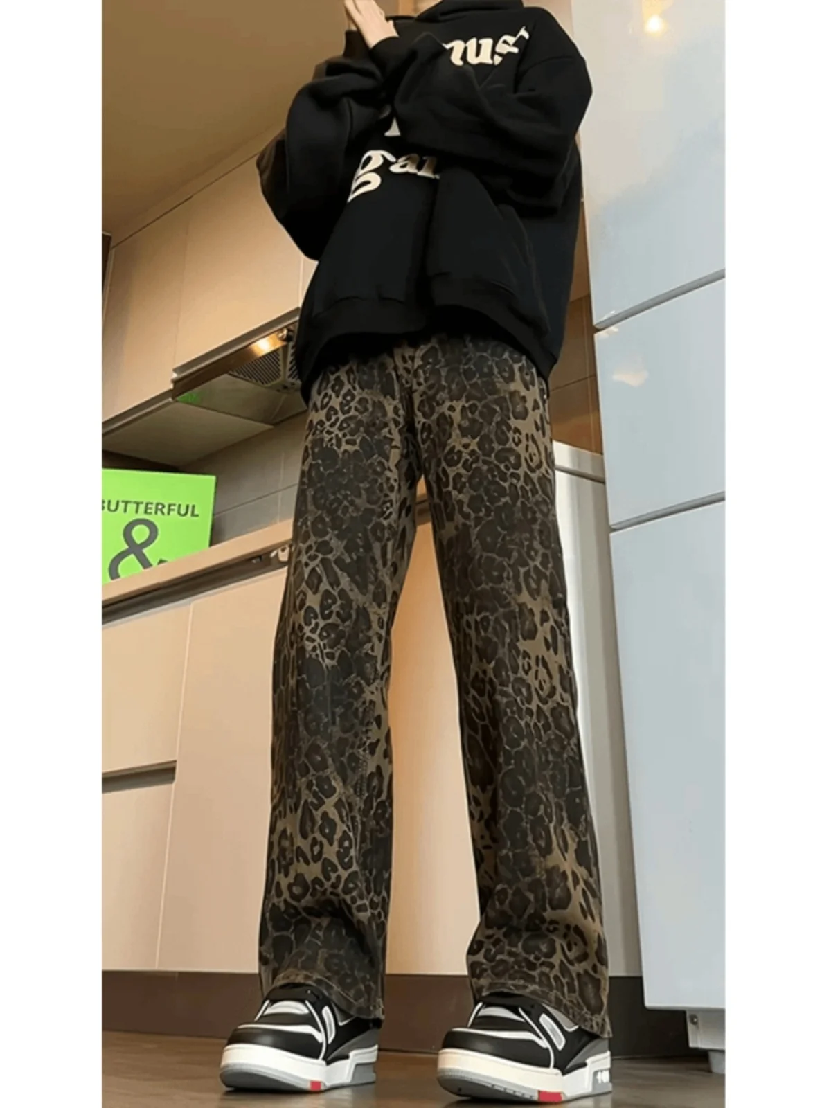 Retro American Leopard Print Men's Jeans High Street Spring Autumn Straight Leg Bell Bottoms Clean Fit  Jeans