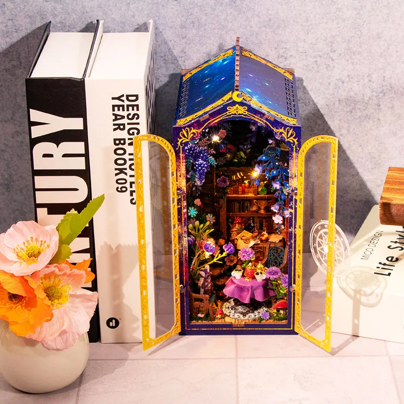 DIY Wooden Magic Garden Workshop Book Nook Shelf Insert Kits Miniature Model Kit With Light Bookend for Friends Birthday Gifts