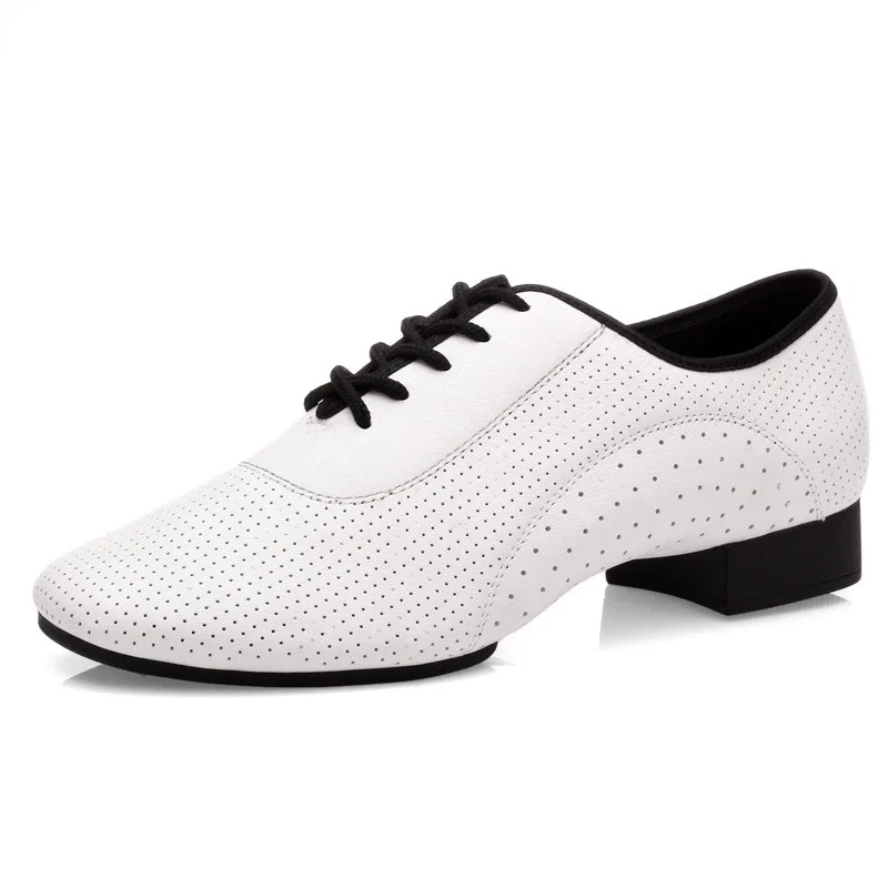 Chaussures modernes pour hommes peau de vache blanc entièrement perforé danse sociale semelle à deux points chaussures de danse carrées latines chaussures de danse Standard