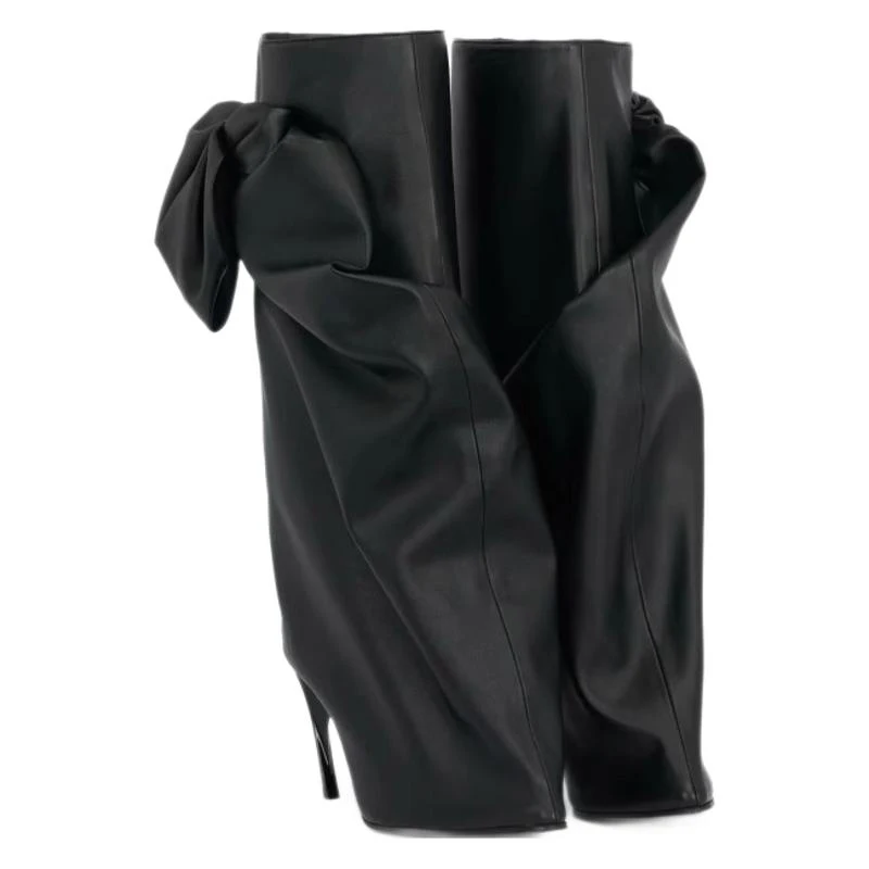Black Big Bow Shaped Heel Mid-Calf Boots Woman 2026 Pointed Splicing Sleeve Pleats High Heel Boots Fashion Party Dress Boots